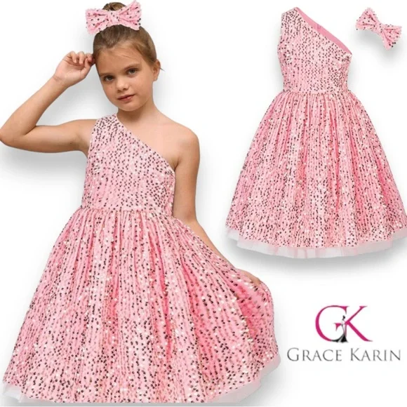 New Grace Karin Pink Sequence Girls Dress